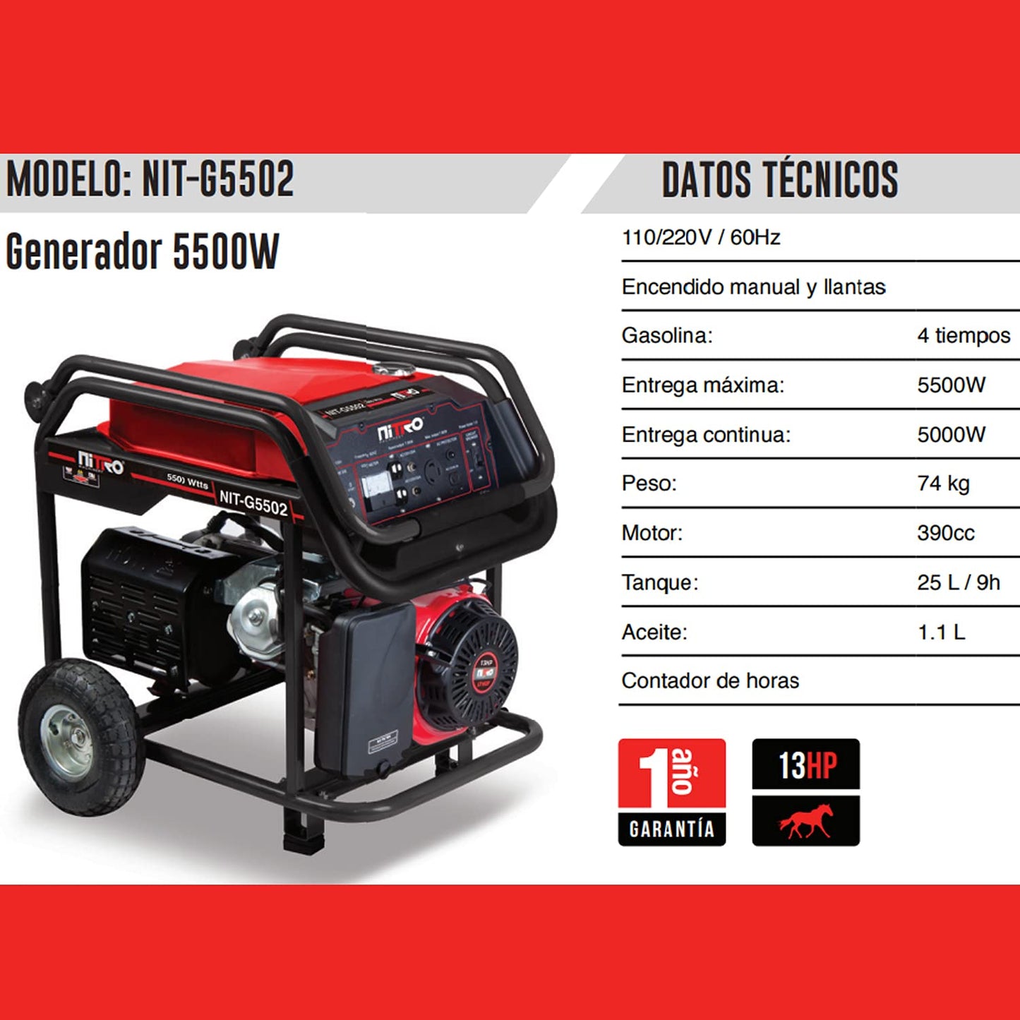 Nitro - GENERADOR 5500Wtts 110-220V 13HP NITRO NIT-G5502