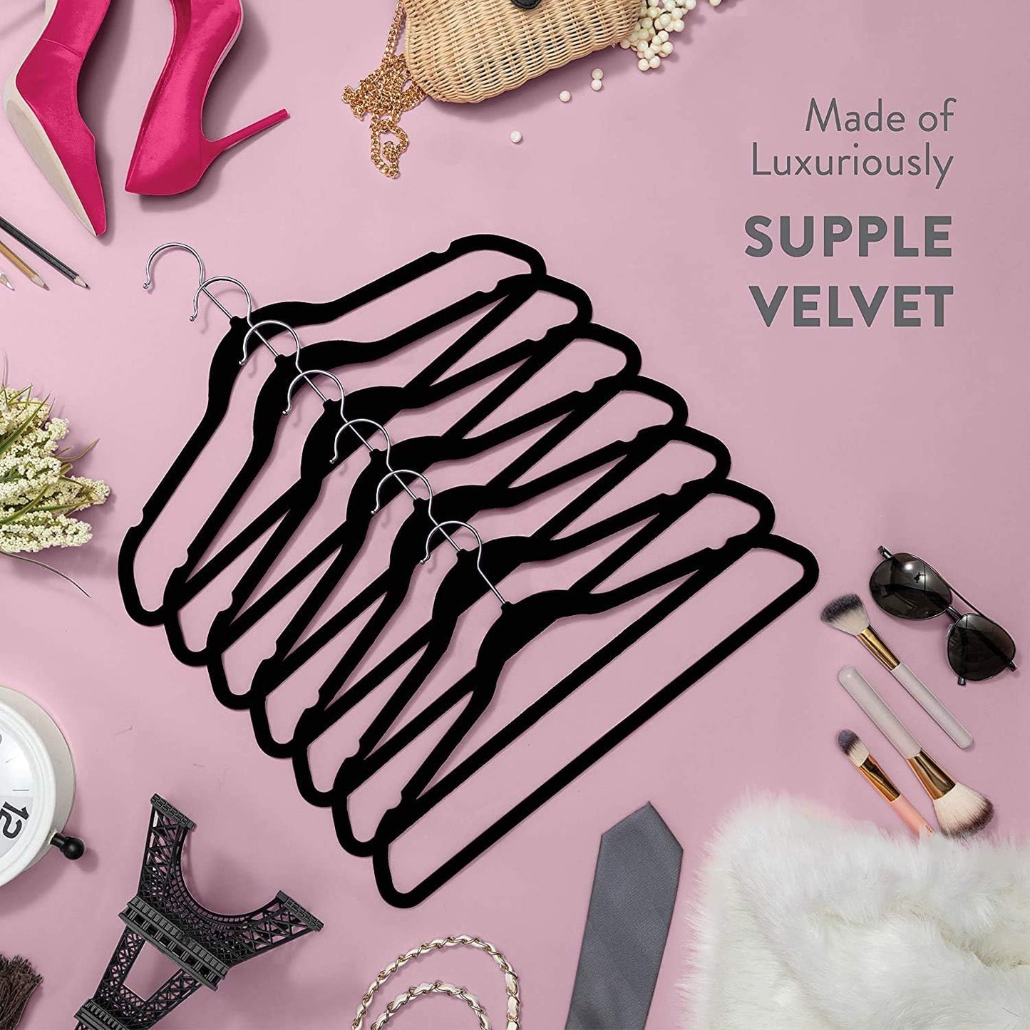 Ganchos - para Ropa de Terciopelo50 Unidades Caja Color Negro Perchas de Ropa Calidad Premium Gancho 360 grados para Camisas Sacos Chamarras Pantalones Pants y Ropa