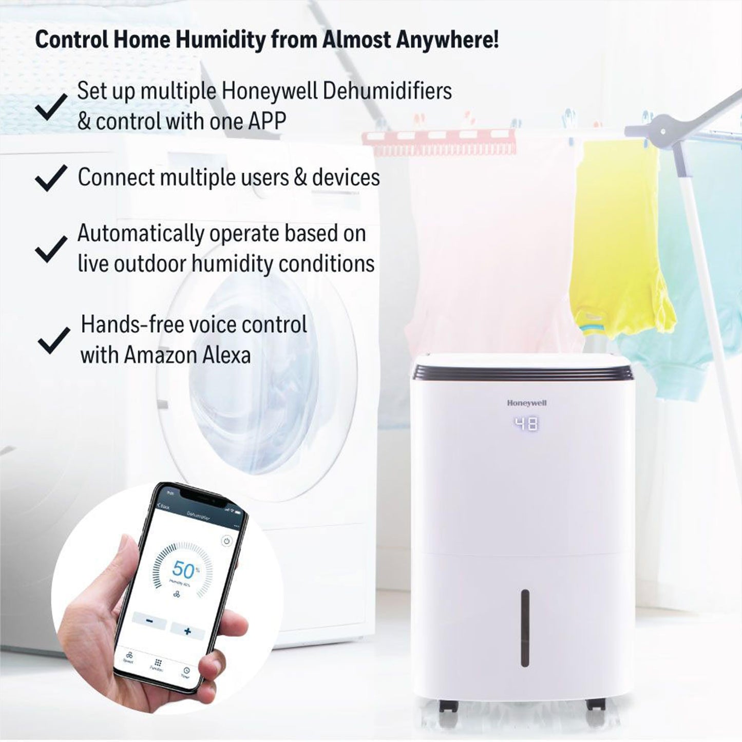 Honeywell Deshumidificador Inteligente WiFi de 30 pintas, para el hogar, Departamento, sótanos, Habitaciones de hasta 3000 Metros Cuadrados Ft., Energy Star, con Control de Voz de Alexa y diseño