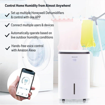 Honeywell Deshumidificador Inteligente WiFi de 30 pintas, para el hogar, Departamento, sótanos, Habitaciones de hasta 3000 Metros Cuadrados Ft., Energy Star, con Control de Voz de Alexa y diseño