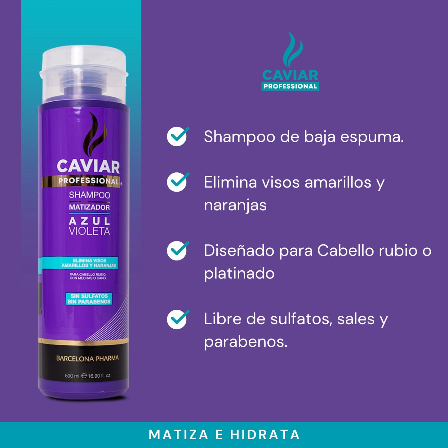 Caviar Professional, Shampoo sin sulfatos y parabenos, Duo shampoo matizador, Reparación total con extracto de caviar negro, Ecológico y Cruelty free