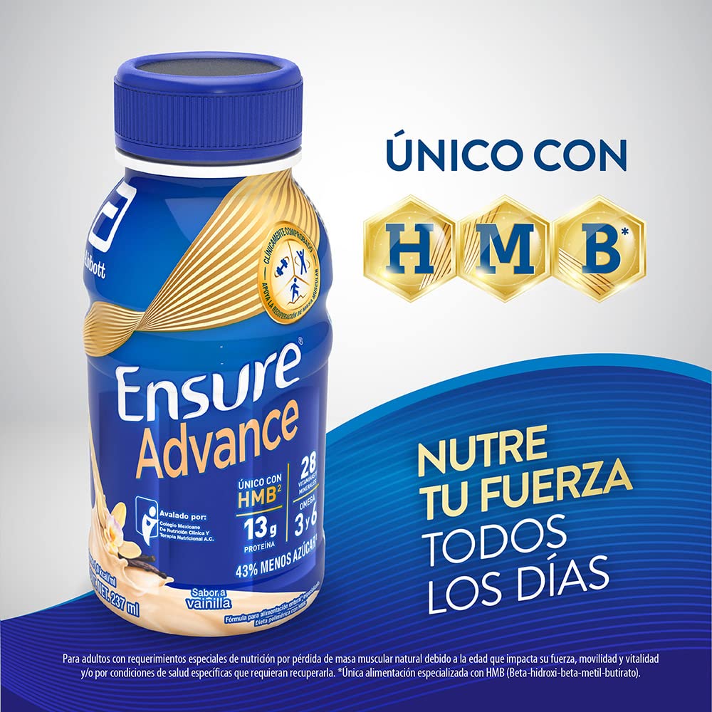 Ensure Advance Vainilla + Fresa, Caja con 12 Botellas de 237 ml (10 Vainilla y 2 Fresa), Alimentación Especializada