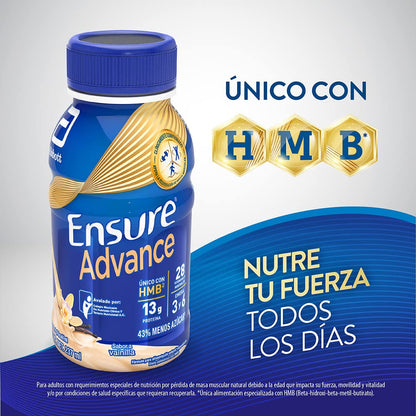 Ensure Advance Vainilla + Fresa, Caja con 12 Botellas de 237 ml (10 Vainilla y 2 Fresa), Alimentación Especializada