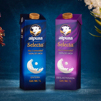 Alpura Selecta Leche Entera Deslactosada 100% de Vaca, Ultrapasteurizada paquete de 12 Pzas de 1 Litro cada una con vitaminas, de fácil digestión