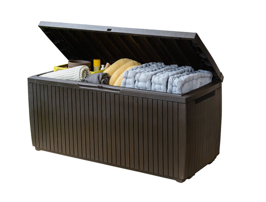 Keter Springwood - Caja de almacenamiento de resina para exteriores de 80 galones para cojines de muebles de patio, juguetes de piscina y herramientas de jardín con asas, color café