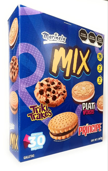 Marinela Mix Grande de 30 paquetes de Galletas Surtidas. Plativolos + Triki.trakes + Principe. Caja de 2.18Kg