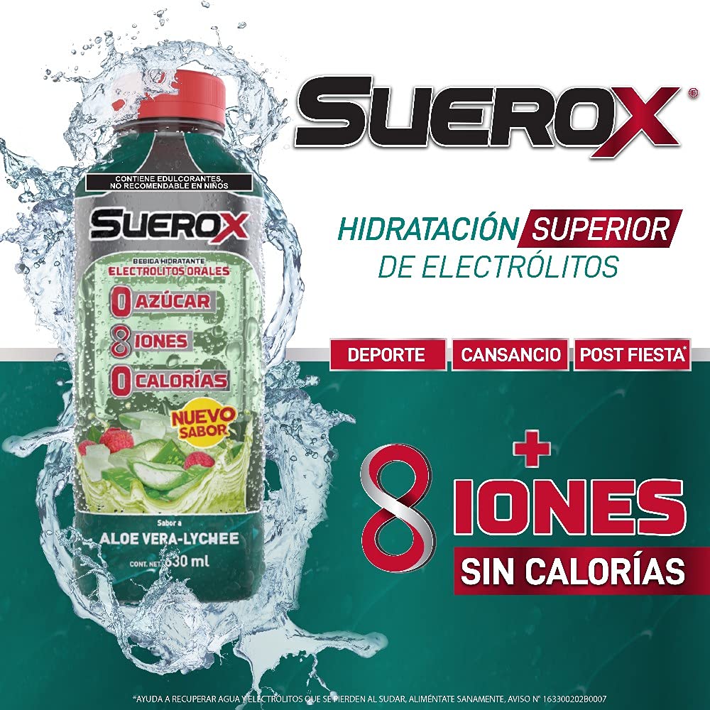 SUEROX 12 pack Hidratante con 8 Iones sabor Fresa Kiwi, Mora Azul, Manzana, Aloe Vera-Lychee, 630 ml c/u