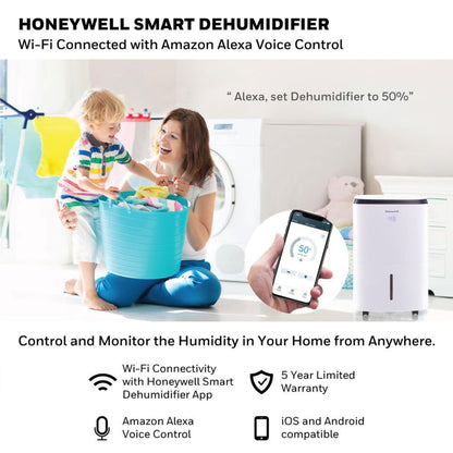 Honeywell Deshumidificador Inteligente WiFi de 30 pintas, para el hogar, Departamento, sótanos, Habitaciones de hasta 3000 Metros Cuadrados Ft., Energy Star, con Control de Voz de Alexa y diseño