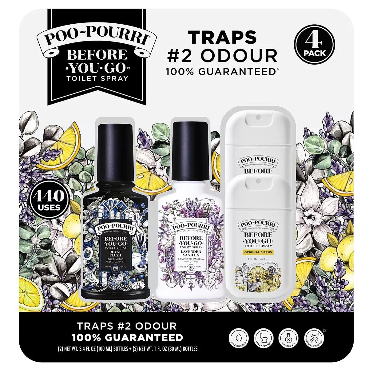 Poo Pourri Before You Go Toilet Spray Aromatizante para Baño Inodoro WC Hecho con Aceites Esenciales Pack Variado de Aromas 2 x 100 ml + 2 x 30 ml. Total 4 piezas