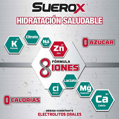 SUEROX 12 pack Hidratante con 8 Iones sabor Fresa Kiwi, Mora Azul, Manzana, Aloe Vera-Lychee, 630 ml c/u