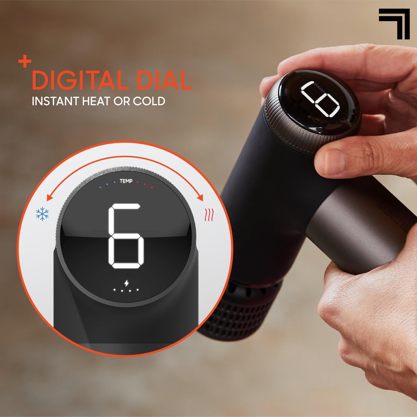 Sharper Image® Powerboost® Pro+ Masajeador compacto de percusión caliente y frío, nodo de doble temperatura, terapia calmante de calor y frío, 6 velocidades, 4 accesorios, recuperación portátil ligera