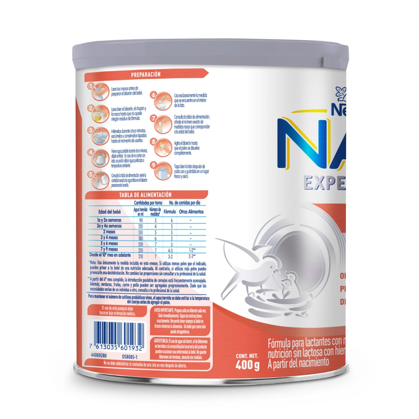 Nestlé Baby & Me - NAN, Fórmula infantil NAN Sin Lactosa, a partir del nacimiento, 1 lata de 400g, 400 gramos