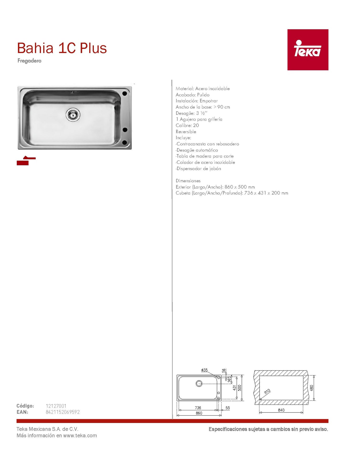 Fregadero Teka Empotre BahÃa 1c Plus Ref: 12127001