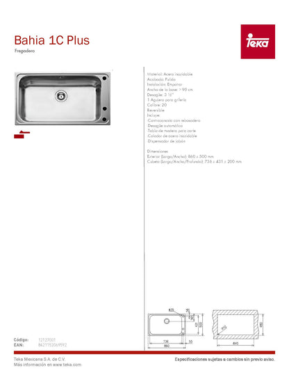 Fregadero Teka Empotre BahÃa 1c Plus Ref: 12127001