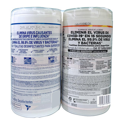 Lysol Toallitas Desinfectantes, 2pack, Fragancia Citrus y Mango Hibiscus, 80 toallitas c/u.
