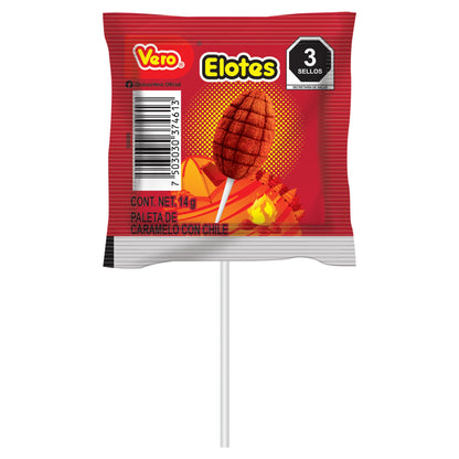 Paleta Elotes de caramelo con chile, Bolsa 40pz de 14g c/u