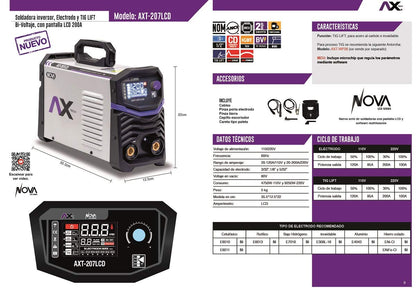 Ax Tech - Axt-207lcd soldador inversor 200 amo bi voltaje 110v/220v electrodo y tig pantalla lcd