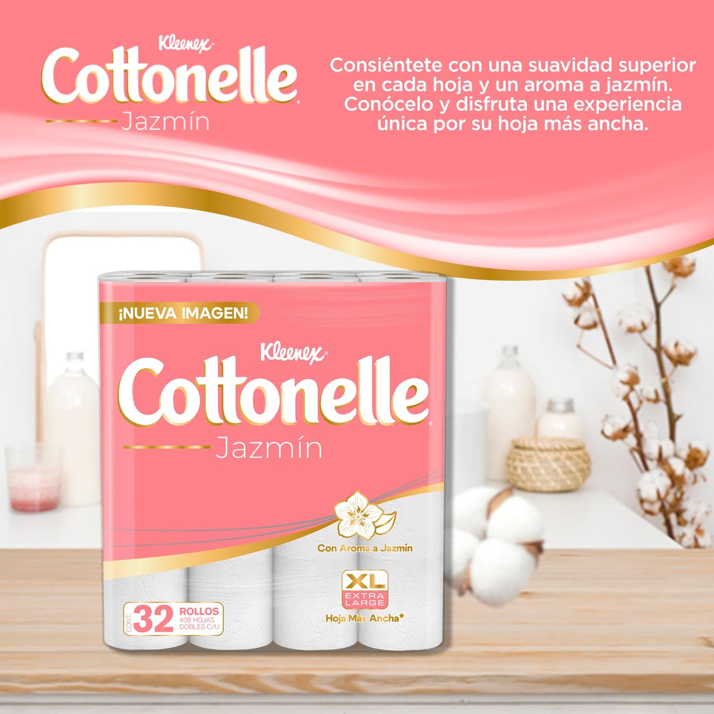 Kleenex Cottonelle - Kleenex Cottonelle Beauty, Papel higiénico, Aroma a Jazmín, Paquete de 32 rollos con 408 Hojas Dobles.