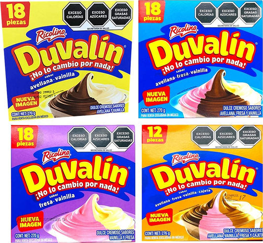 Surtido Duvalín, 4 Cajas De Sabores: 12 Duvalines Avellana, Fresa, Vainilla y Cajeta. 18 Duvalines Avellana y Vainilla, 18 Duvalines Avellan, Fresa y Vainilla, 18 Duvalines Fresa y Vainilla, Candy para Snack