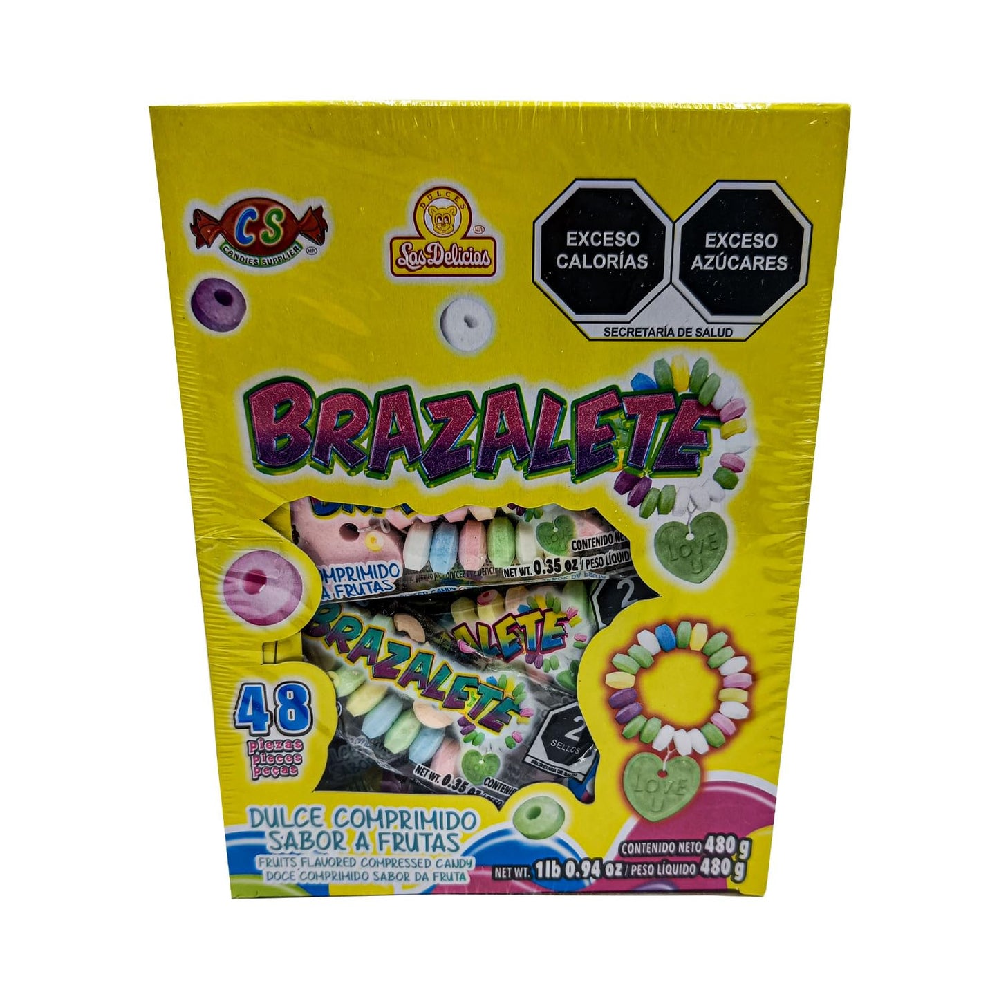Brazalete 48 piezas, Dulce Comprimido Sabor Frutales en forma de pulseras, Las Delicias.