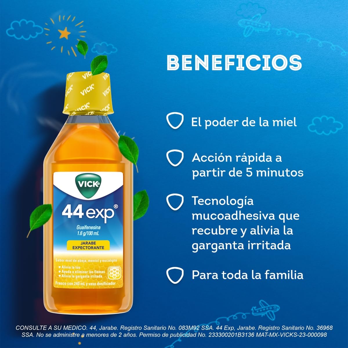 Vicks - Vick 44 Jarabe Expectorante sabor a miel de abeja, mentol y eucalipto 240 ml