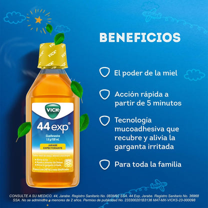 Vicks - Vick 44 Jarabe Expectorante sabor a miel de abeja, mentol y eucalipto 240 ml