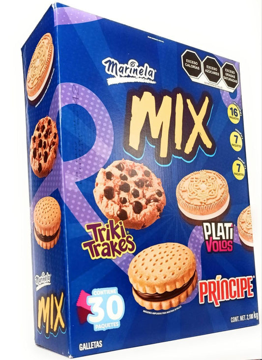Marinela Mix Grande de 30 paquetes de Galletas Surtidas. Plativolos + Triki.trakes + Principe. Caja de 2.18Kg