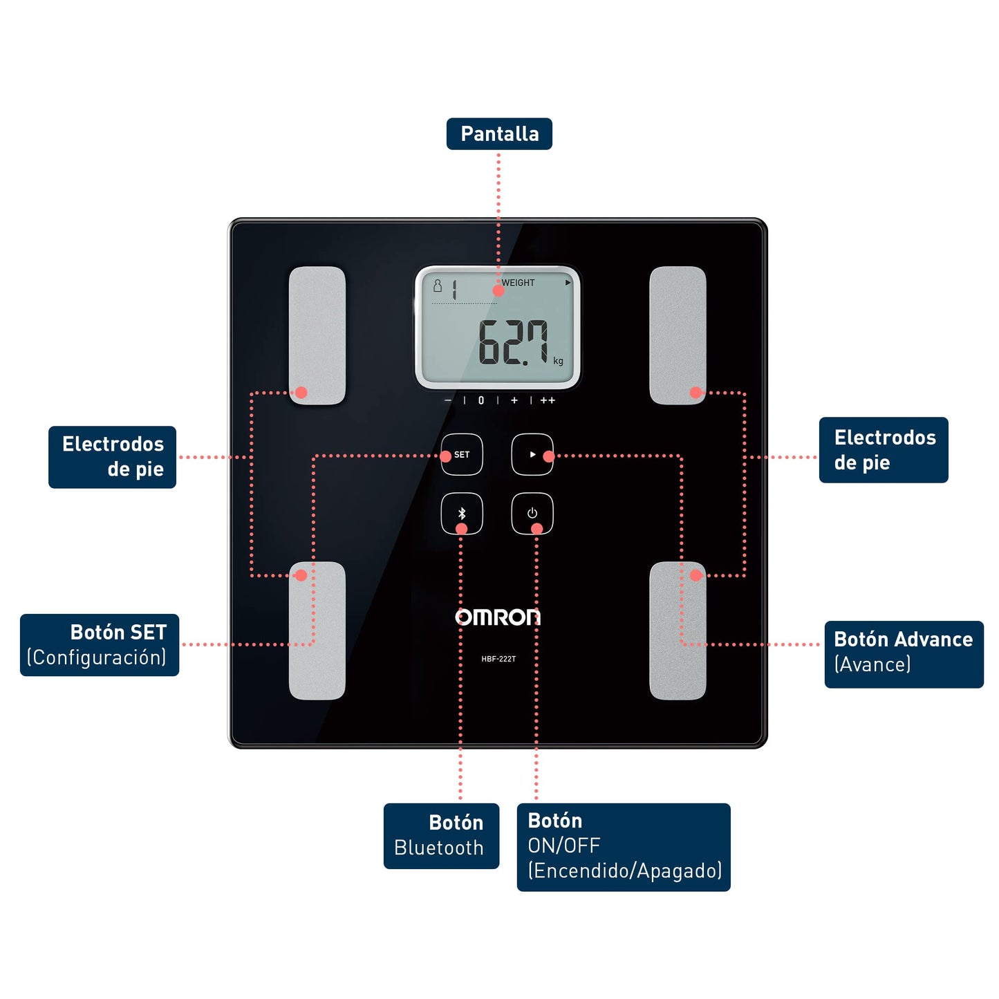 OMRON Báscula digital de composición corporal HBF-222T con 4 perfiles de usuario + invitado y memoria ilimitada