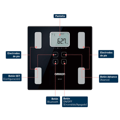 OMRON Báscula digital de composición corporal HBF-222T con 4 perfiles de usuario + invitado y memoria ilimitada