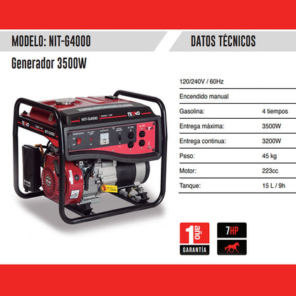 Nitro - GENERADOR 3500Wtts 7 HP 120V/60Hz GASOLINA 4T NITRO NIT-G4000