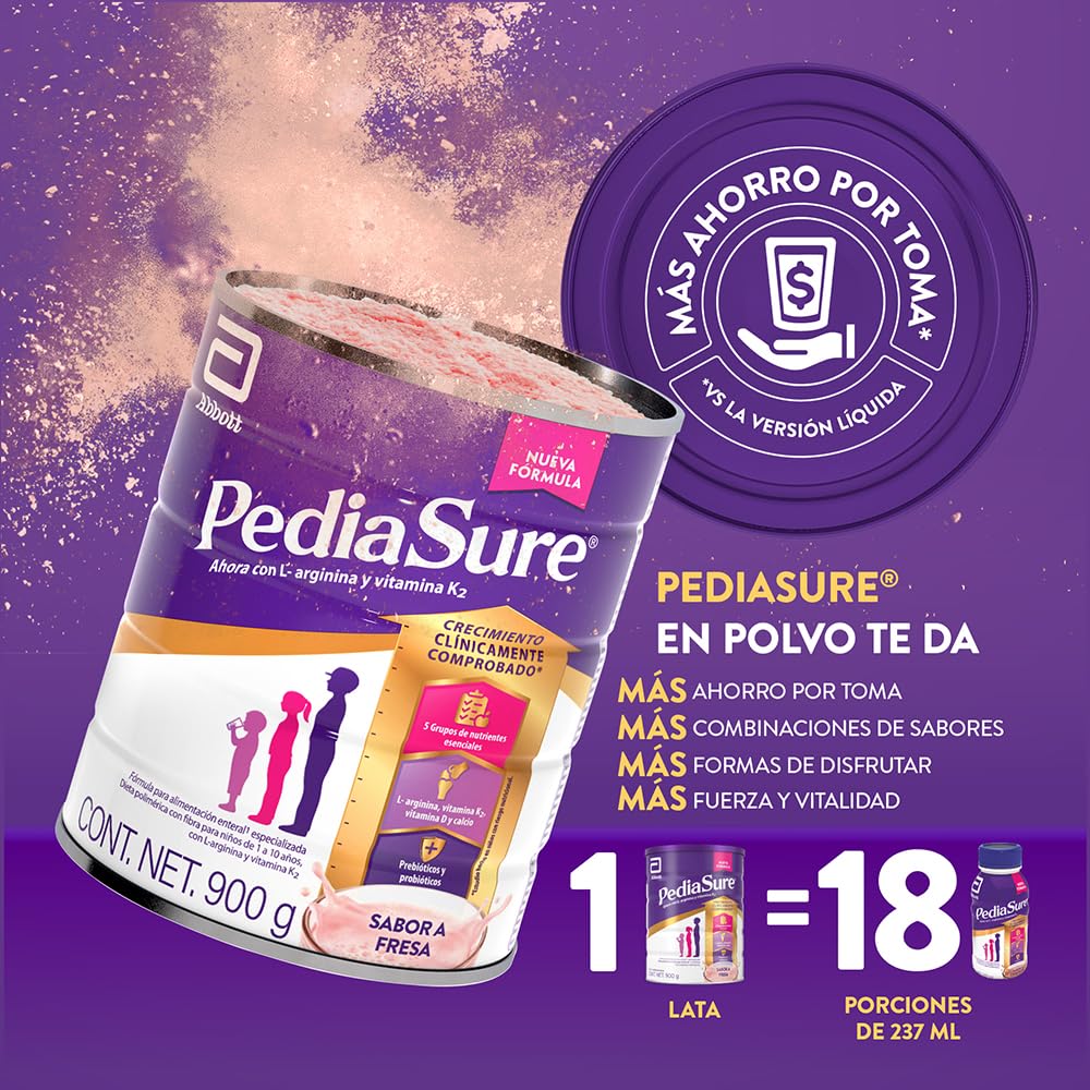 PediaSure Fresa - en Polvo, 900g, Fórmula Especializada para Niños de 1 a 10 años, Nutrientes Esenciales, Prebióticos, Proteínas, Vitaminas y Minerales, Crecimiento Clínicamente Comprobado