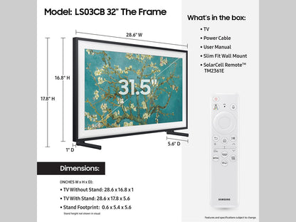 Samsung 32 Pulgadas Clase QLED The Frame LS03C Series, Quantum HDR, Modo artístico, visualización Mate antirreflejo, Soporte de Pared Delgado Incluido, televisor Inteligente con Alexa Incorporado