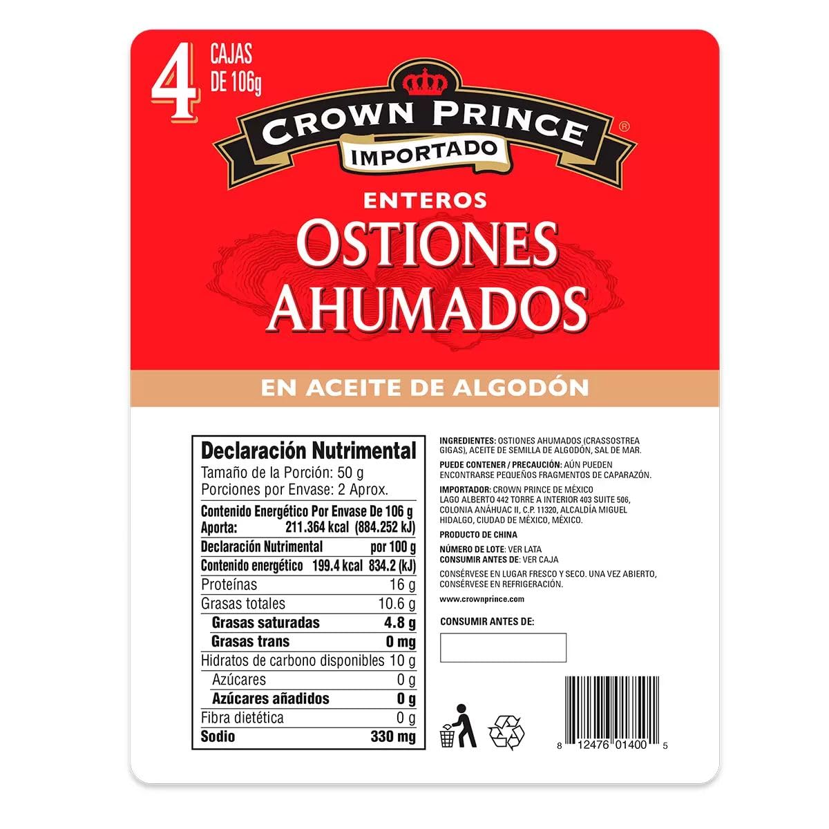 Crown Prince Ostiones Ahumados Enteros en Acite de Algodón 106 g - 4 Pack