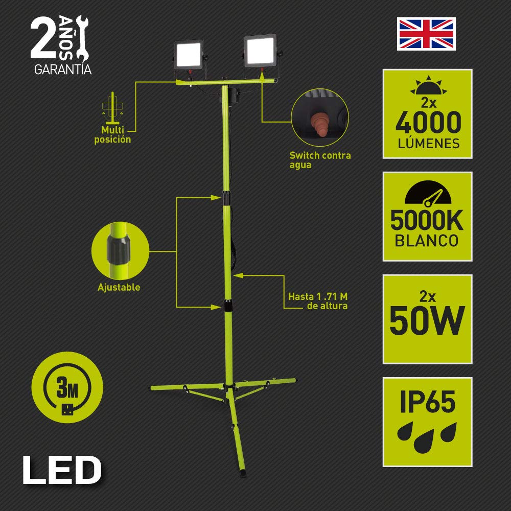 Luceco - LUCECO, ELSWT250BG3-MX2, Portable Doble con Tripié 2x50W, 127V, 5000K, 30000 Hrs, IRC>70, 2x4000 Lúmenes, IP65, Acabado Color Verde Lima
