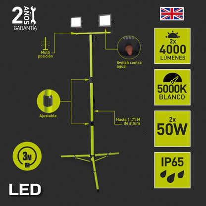 Luceco - LUCECO, ELSWT250BG3-MX2, Portable Doble con Tripié 2x50W, 127V, 5000K, 30000 Hrs, IRC>70, 2x4000 Lúmenes, IP65, Acabado Color Verde Lima