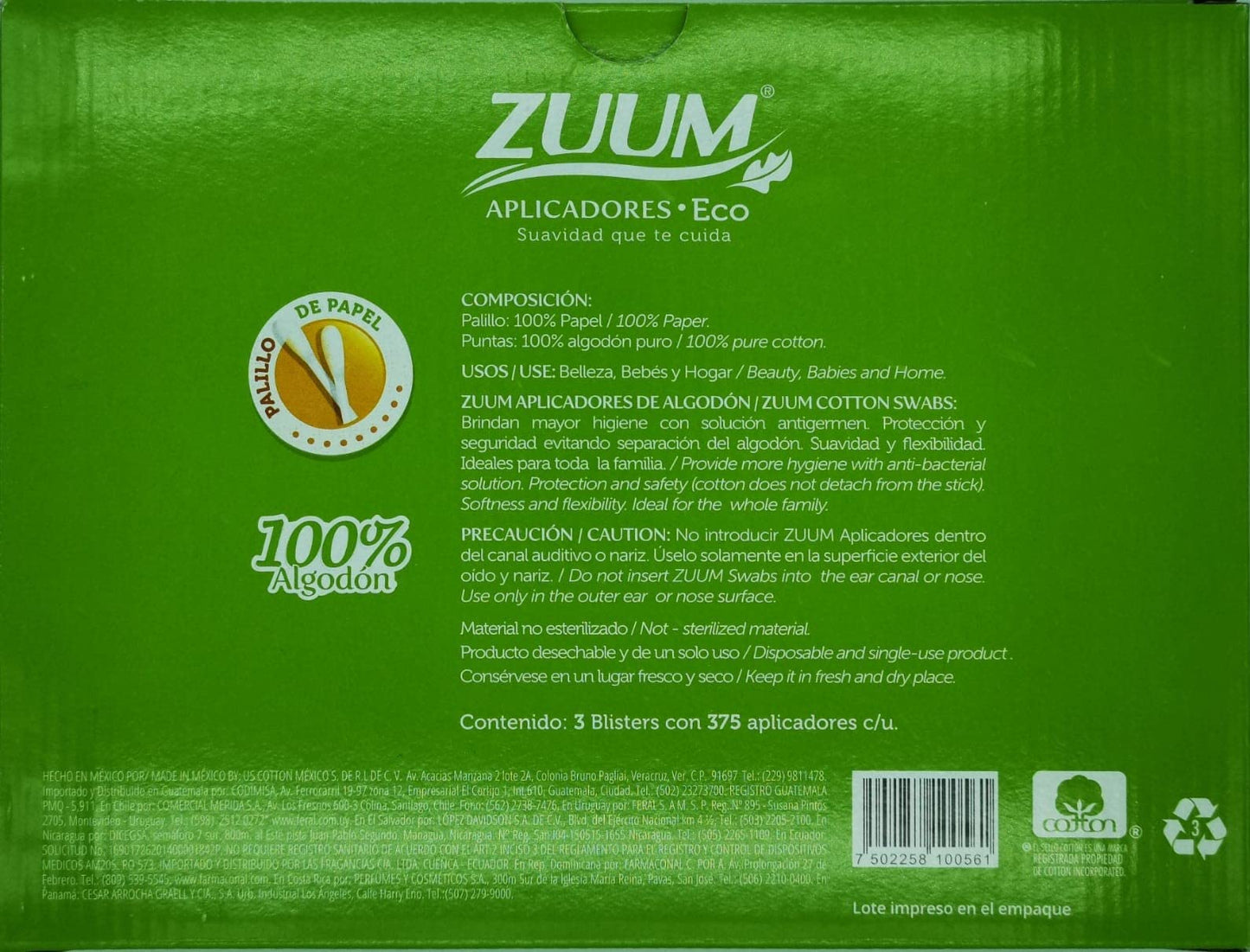 Set con 1125 Hisopos 100% de Algodon Biodegradables