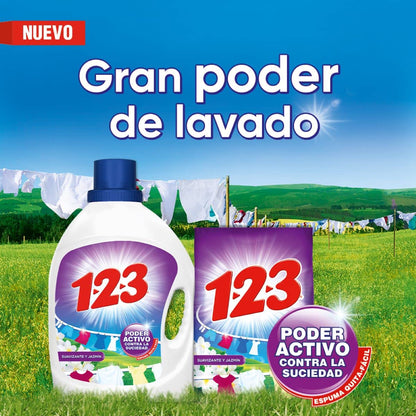 VORAGA 123 - 1-2-3 MAXI PODER con Suavizante y Jazmín 10 kg, detergente en polvo, Con suavizante extra y olor a jazmín, Ropa brillante, fresca y suave.