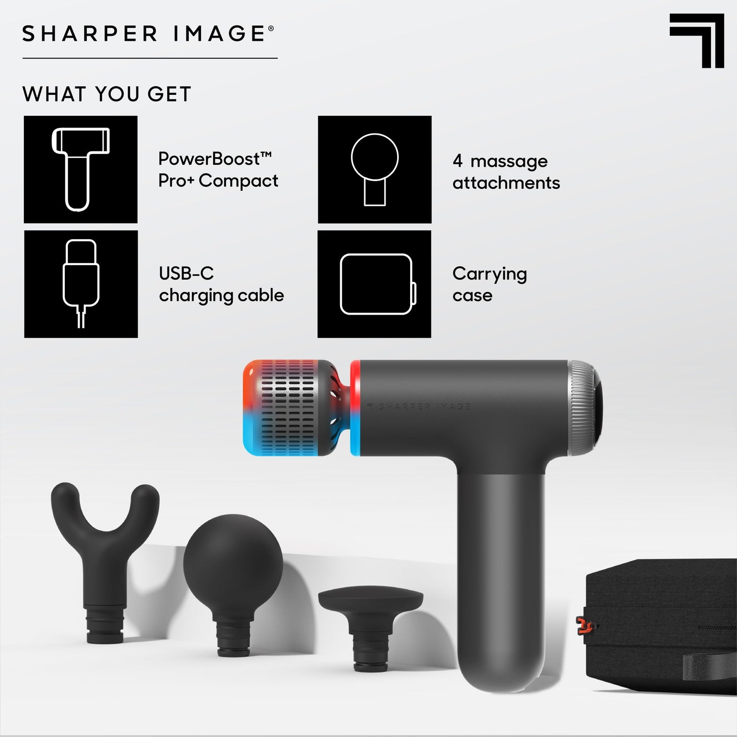Sharper Image® Powerboost® Pro+ Masajeador compacto de percusión caliente y frío, nodo de doble temperatura, terapia calmante de calor y frío, 6 velocidades, 4 accesorios, recuperación portátil ligera