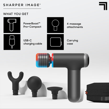 Sharper Image® Powerboost® Pro+ Masajeador compacto de percusión caliente y frío, nodo de doble temperatura, terapia calmante de calor y frío, 6 velocidades, 4 accesorios, recuperación portátil ligera