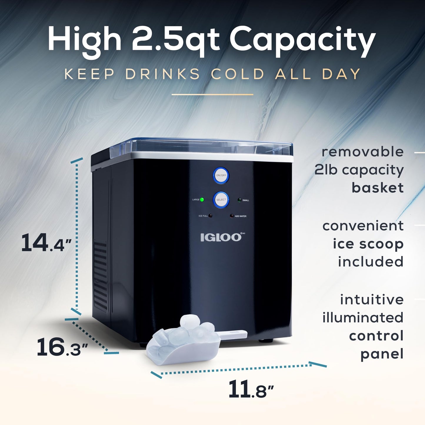 Igloo - Máquina eléctrica para hacer hielo en encimera - Automática y portátil - 33 libras en 24 horas - Máquina para hacer cubitos de hielo - Cuchara y cesta de hielo - Ideal para café helado y