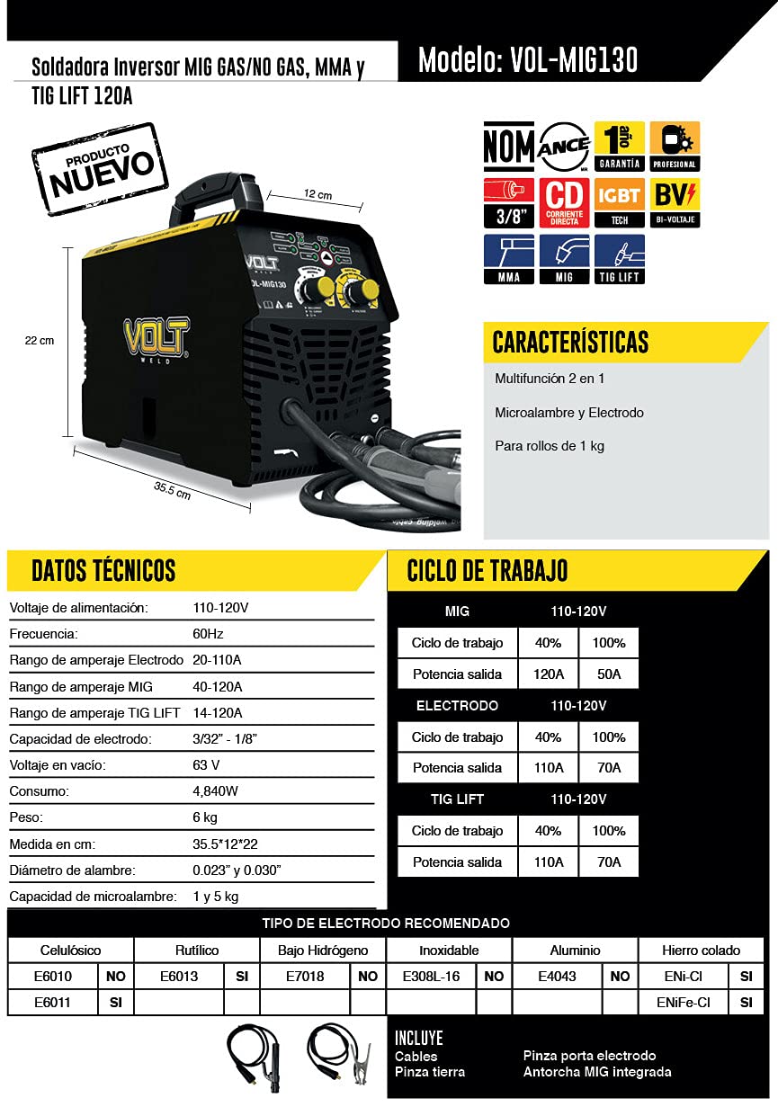 VOLT - Soldadora Microalambre Y Electrodo 120a 110v Vol-mig130
