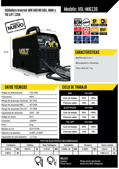 VOLT - Soldadora Microalambre Y Electrodo 120a 110v Vol-mig130