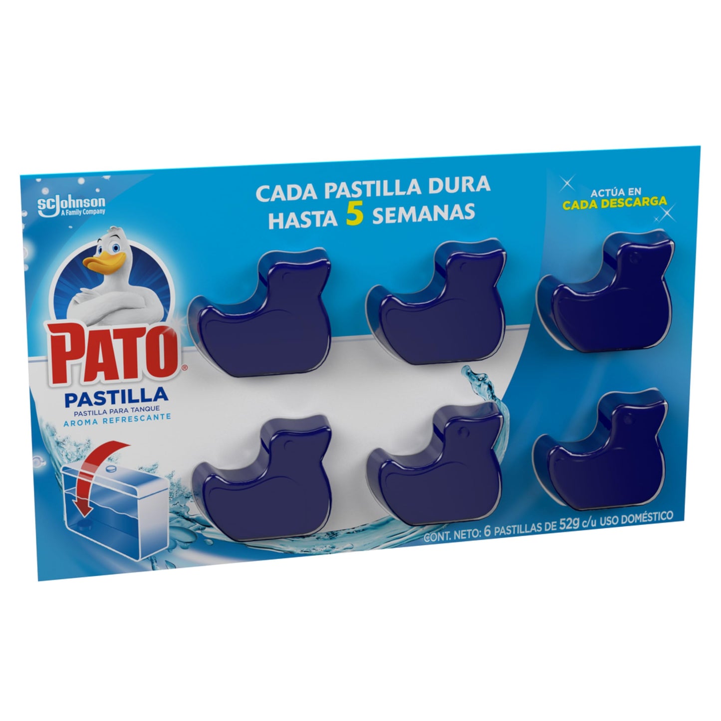 Pato Pastillas Desinfectantes para Tanque de Baño, Quita Manchas y Aromatiza en Cada Descarga, Hasta 5 Semanas, 6 Unidades de 52g cada una