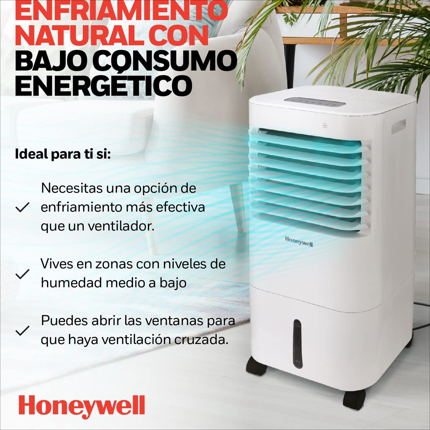 Honeywell Enfriador de Aire CL152 con Ionizador y Panel Antibacterial. 15 litros. Enfría hasta 19 m2
