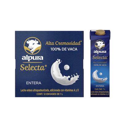 Alpura Selecta Leche Entera 100% de Vaca, Ultrapasteurizada en Paquete de 12 piezas de 1 Litro cada una, Fuente de proteína y Calcio, adicionada con vitaminas A y D. Cremosidad y Sabor superior