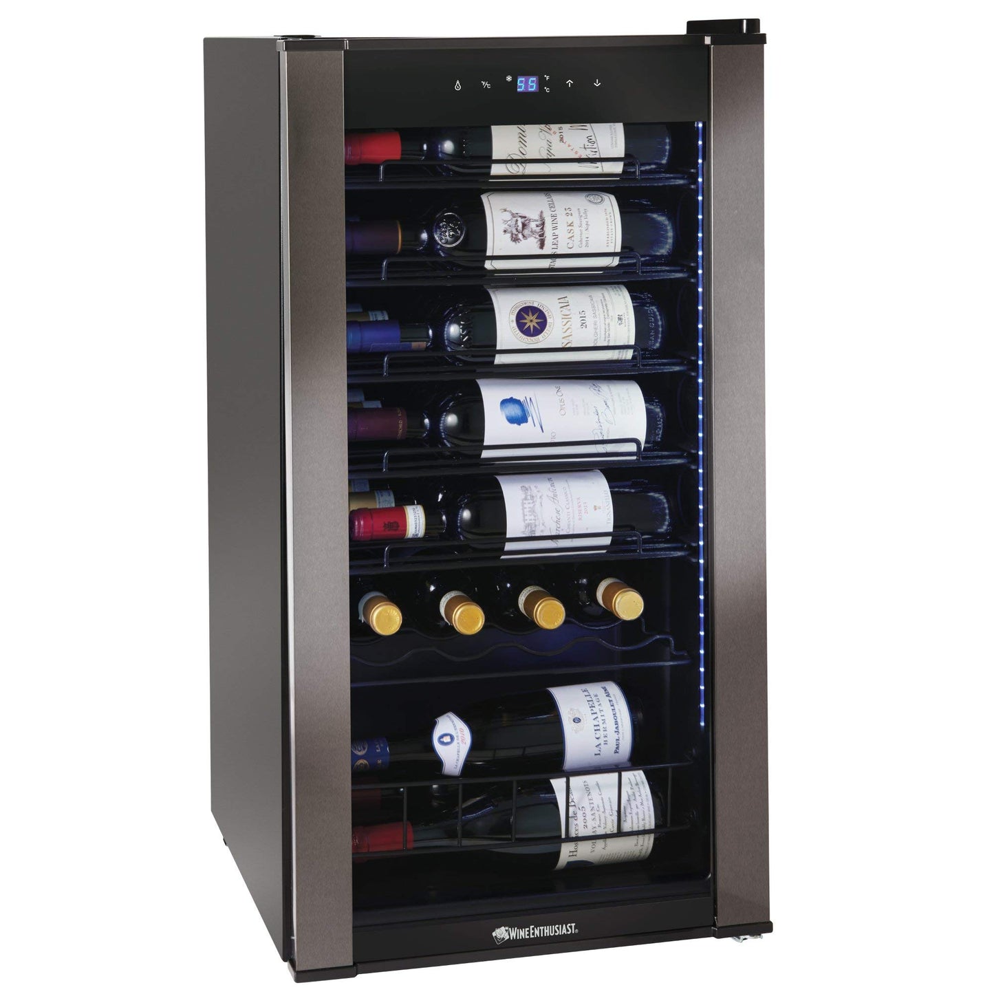Wine Enthusiast VinoView - Nevera de vino de 28 botellas, refrigerador no empotrado con estantes de matriz, termostato ajustable de 10 a 60 °F, puerta de vidrio de doble panel y visualización LED