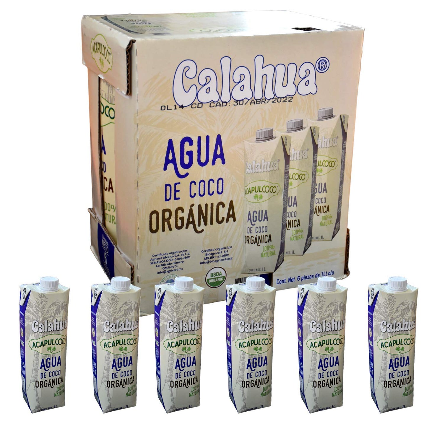 Acapulcoco Agua de Coco Orgánica Acapulcoco 6 piezas de1 litro, bebida hidratante Natural, producto Mexicano. Certificación Kosher