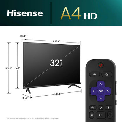 Hisense Televisor Inteligente Roku de 32 Pulgadas Clase A4 Serie HD 720p con compatibilidad Alexa (32A4HNR, Modelo 2024) - Dolby Audio, diseño de Bisel Delgado