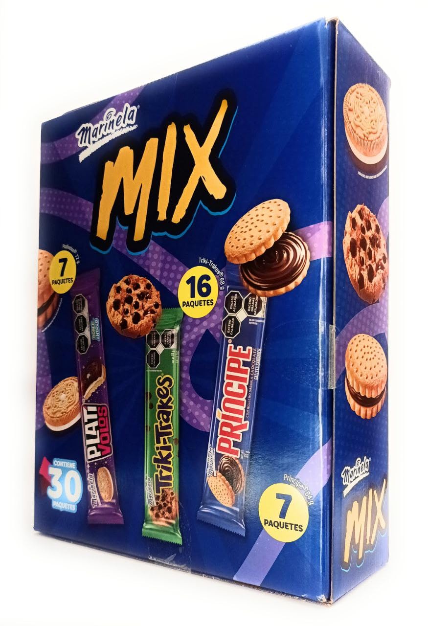 Marinela Mix Grande de 30 paquetes de Galletas Surtidas. Plativolos + Triki.trakes + Principe. Caja de 2.18Kg