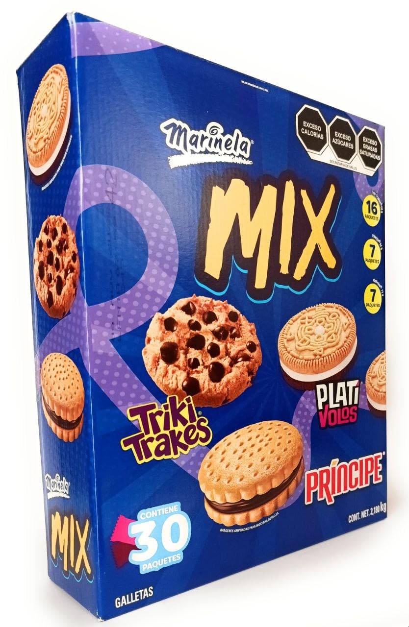 Marinela Mix Grande de 30 paquetes de Galletas Surtidas. Plativolos + Triki.trakes + Principe. Caja de 2.18Kg